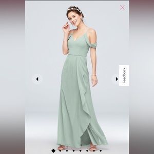 Cascading off the shoulder Dusty Sage Davids Bridal Dress Size 12